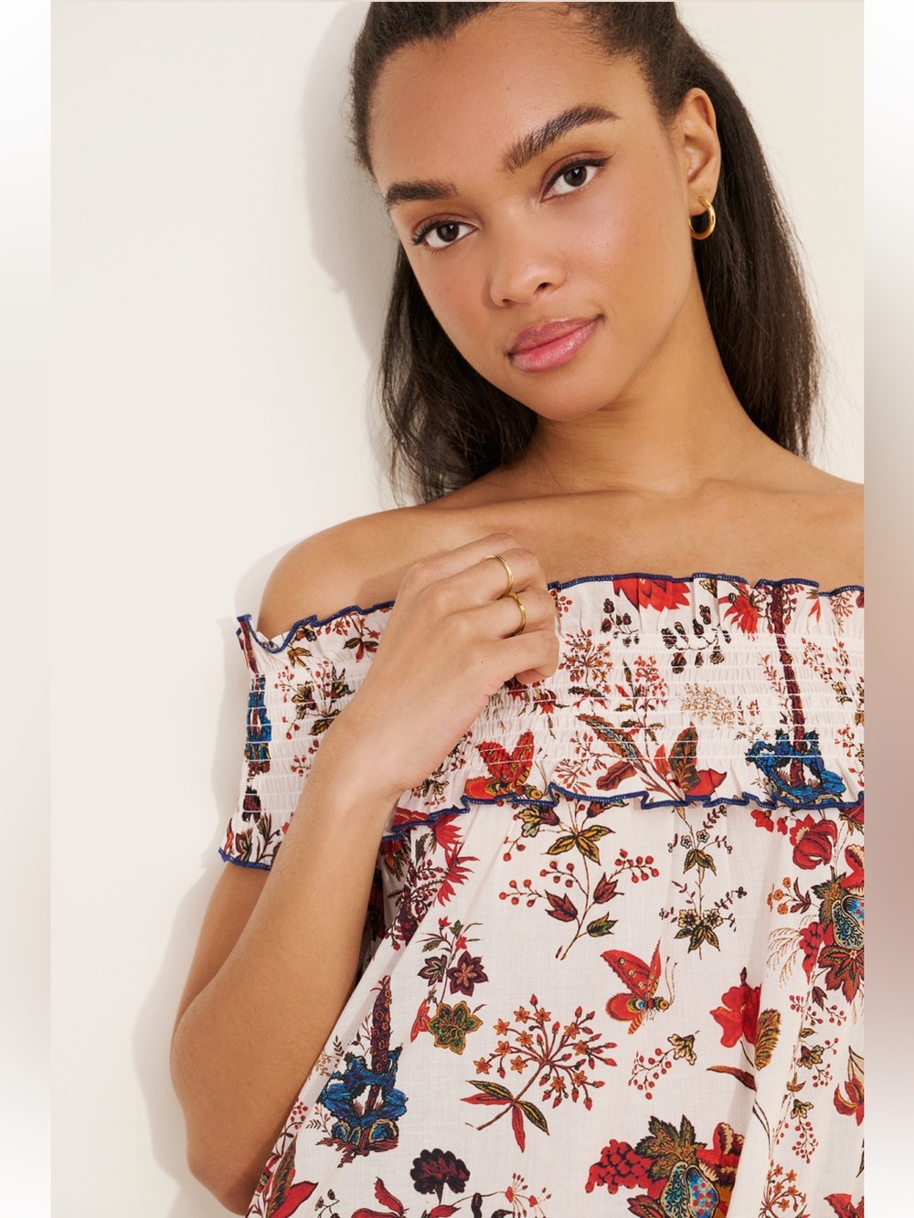 Payal Jain Bohemian Off-Shoulder Floral Maxi Dress in Cream and Red - Picture 3 of 8